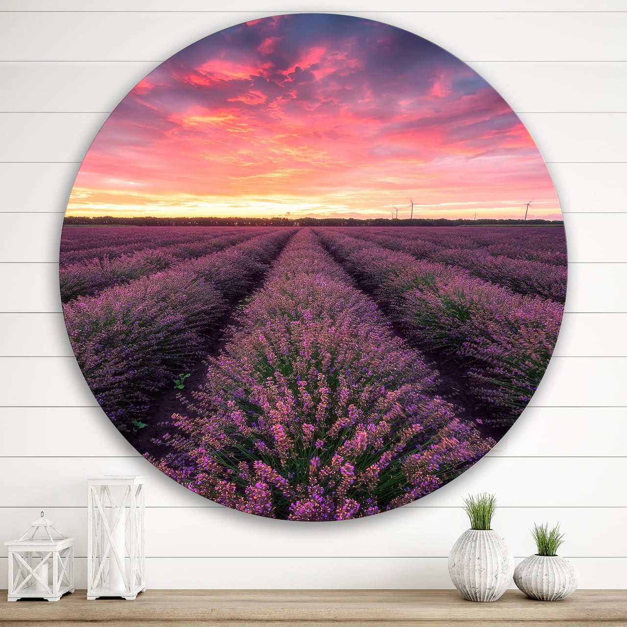 Designart - Sunrise & Dramatic Clouds Over Lavender Field XIV - Farmhouse Metal Circle Wall Art